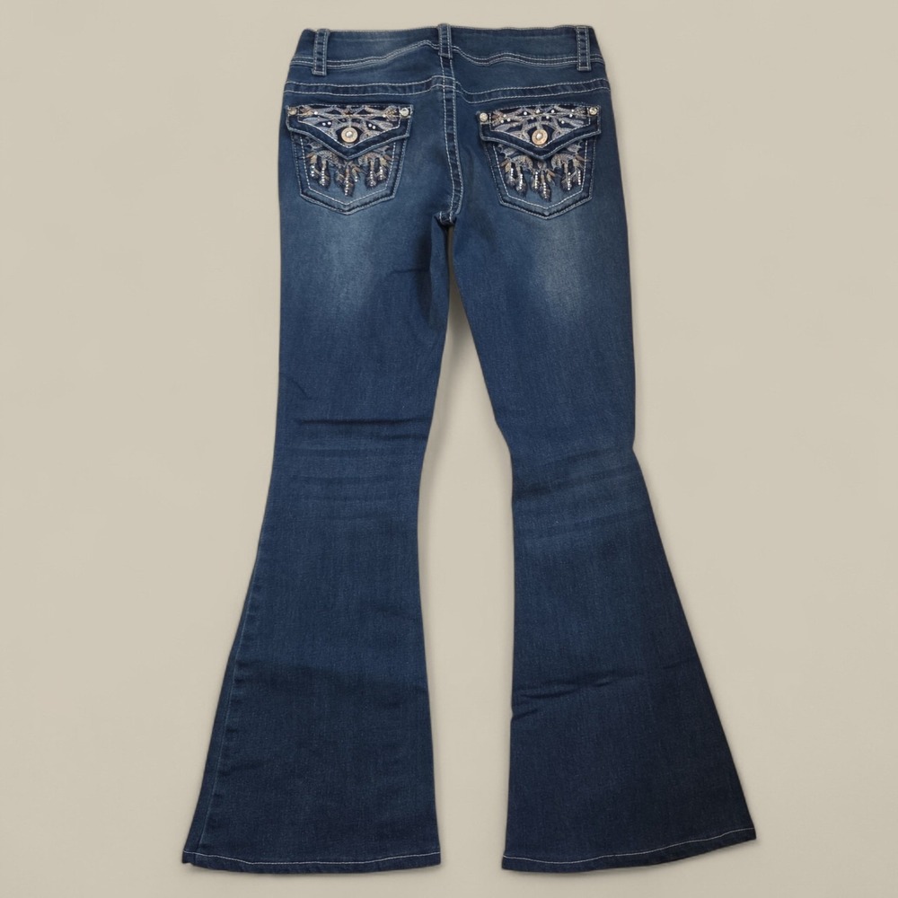 Gemma Rae Aria Flare Jeans Dark Wash Distressed Embroidered Rhinestone Size 7/28